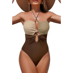 Women's One Piece Swimsuit Tummy Control Bathing Suit Sexy Flattering Cutout Criss Cross Swimwear (Large, Coffee Colorblock)