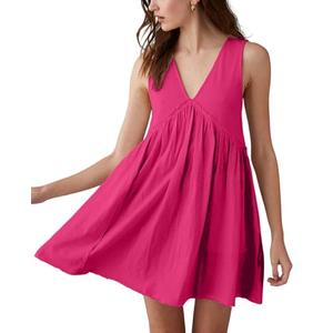 Aimiray Women's Casual Sleeveless Mini Dress Loose V Neck Backless Pleated Short Tank Sundress with Pockets(Rose-M)