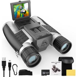 12x32 Large View Binoculars with Camera, FMC & BAK4 Prism Binoculars for Adults High Powered, 2" LCD Display 5MP 1080P Video Photo Recorder for Bird Watching Hunting, with 32GB Card, Silver
