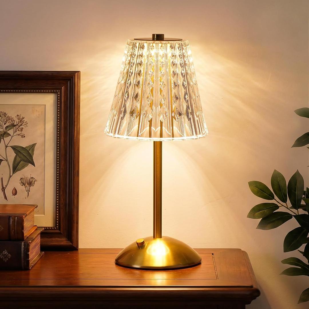 Nusogon Rechargeable Cordless Table Lamp, Touch Control Crystal Desk Lamp with 3500mAh Battery, 3 Color Dimmable LED Small Lamp for Bedroom Bedside Restaurant Kitchen Home Decor