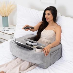 Reading Pillow for Gaming  Extra Large Lap Desk & Arm Rest with Cup & Phone Holder, Adjustable Heights, Laptop Support, Large Pockets  Comfortable for Work, Gaming & Crocheting (Furry Grey)