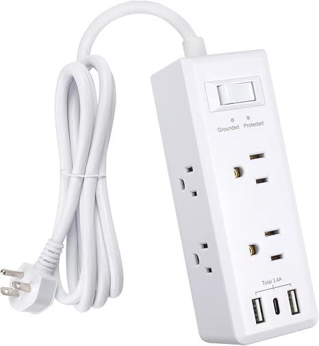 Clear Power 6-Outlet Surge Protector Power Strip with 3 USB Ports(1 USB-C), 5ft Power Cord, Flat Plug, Multi Outlets on 3 Sides, Desktop Charging Station, White, DC3S-1106-DC