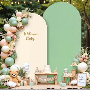 Tao-Ge Boho Arch Backdrop Cover Set of 2 - 7.2FT & 6FT Wedding Arch Covers - Double-Color Sage Green & Beige - Spandex Fitted Fabric - Stretchy Backdrop for Party, Baby Shower, Birthday Decoration