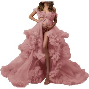 Women's Tulle Robe for Maternity Photoshoot Puffy Ruffles Bridal Lingerie Bathgown Illusion Wedding Scarf (Small/Medium)