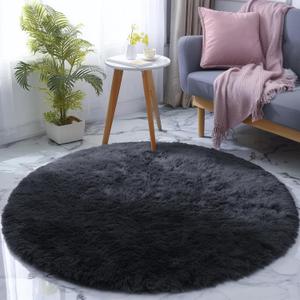 Soft Black Round Rugs 6Ft, Plush Shag Fuzzy Circle Area Rugs for Boys Bedroom Playroom Fluffy Shaggy Circular Rugs for Kids Room Nursery, Non-Slip Rugs for Rome Decor Black Carpet for Teen's Room
