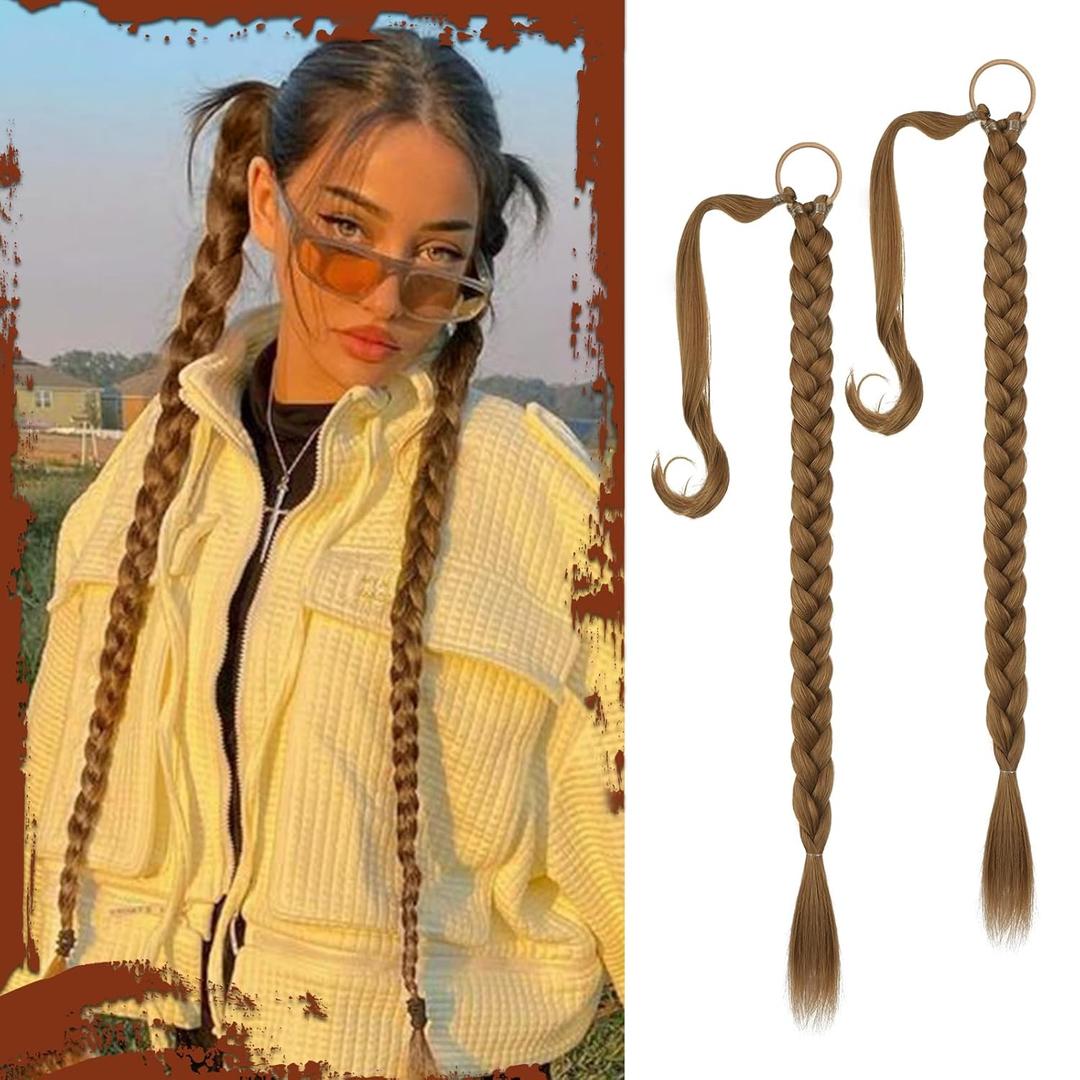 SOFEIYAN Long Braid Ponytail Extension with Hair Tie Straight Sleek Wrap Around Hair Extensions Braid Pony Tail Fluffy Natural Soft Synthetic Hairpieces for Women Daily Wear, 2Pcs 26 inch-Dark Blonde