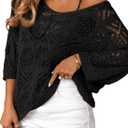 Dokotoo Women's 2025 Spring Summer Crochet Hollow Out 3/4 Sleeve Pullover Sweater Off Shoulder T-Shirts (Medium, Black)