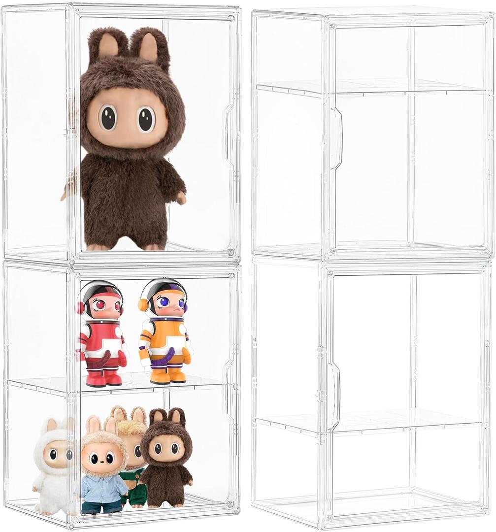 Acrylic Display Case, 4 Pack Large Figure Clear Display Case, Adjustable Layers with a Removable Divider Display Cases for Collectibles with Magnetic Door