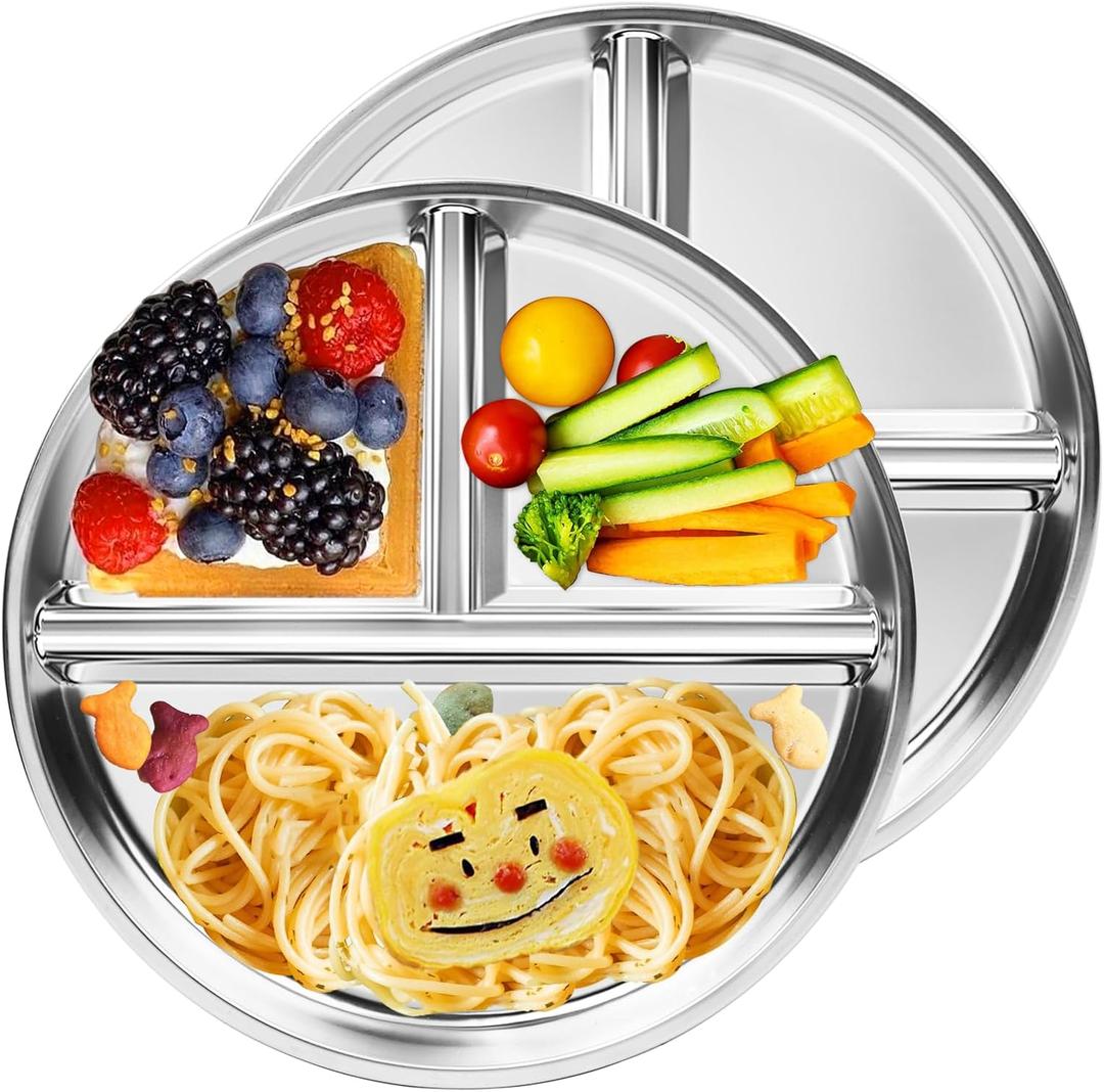 Bakpoco Stainless Steel Kids Plates 2 Packs, 9" Toddlers Divided Plates, Portion Control Plate for Bariatric Adults, Non Toxic Unbreakable Baby Dinner Dishes, 304 Metal Camping Food Tray