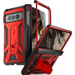 Poetic Spartan Case for Google Pixel Fold 5G,[Hinge Protection][Kickstand][Mil-Grade Protection] Full-Body Hybrid Shockproof Protective Rugged Cover with Built-in Screen Protector, Metallic Red