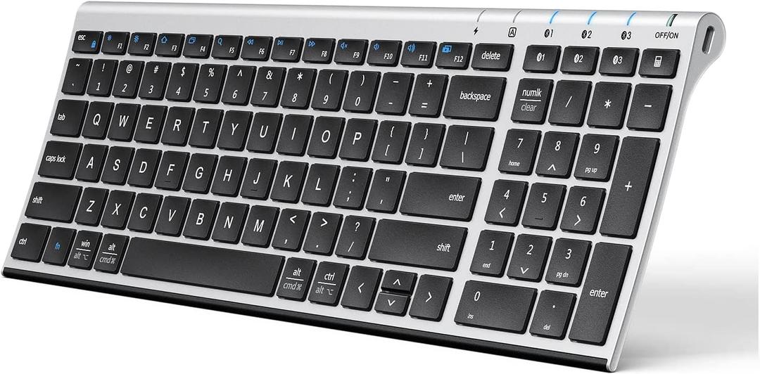 iClever BK10 Bluetooth Keyboard, Wireless Rechargeable Ultra-Slim Keyboard with Long Battery Life, Compatible with iOS, Android, Windows, Mac for iPad, Tablet, Laptop, PC, Phone (Silver Black)