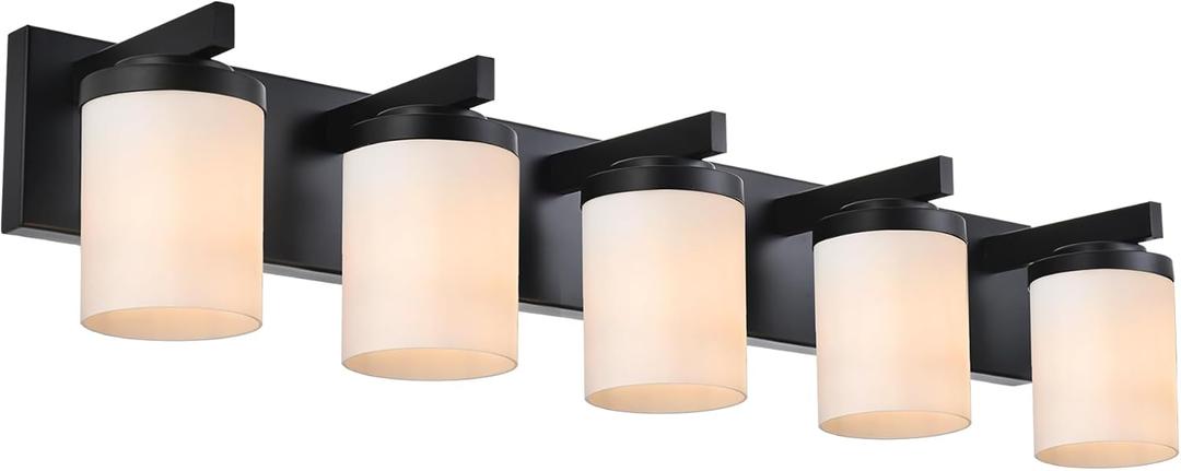 BONLICHT 5-Light Vanity Bath Light Black Modern Bathroom Light with Opal White Glass Shade, Industrial Vanity Lighting Fixtures Wall Mount for Mirror Kitchen Hallway Bedroom Reading Room
