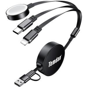 Temdan for Retractable Multi Charging Cable, 3 in 2 USB C Cable for Apple Watch Charger/USB C/Lightning, Retractable Car Charger for Multi Travel Essentials for iWatch & iPhone 17-12