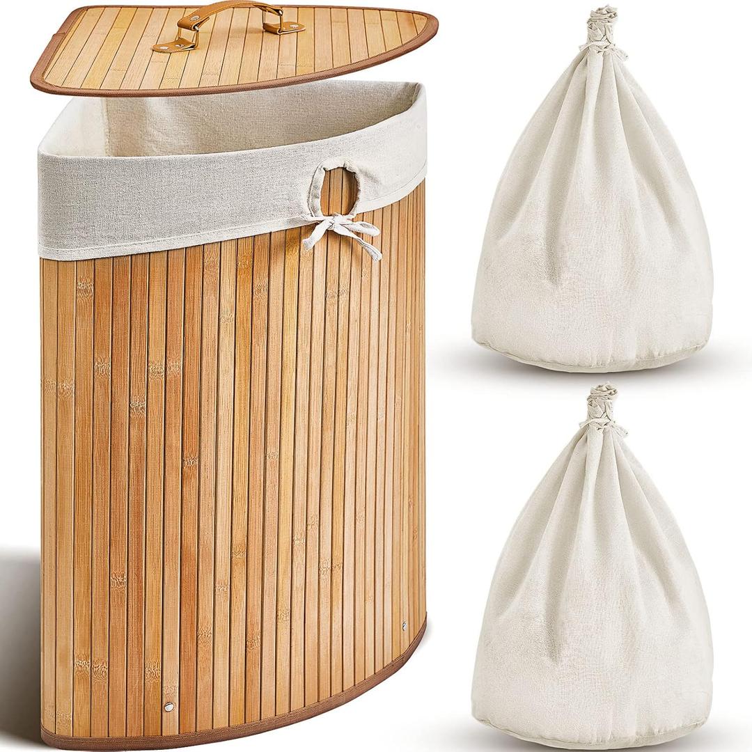 Gueevin Corner Bamboo Laundry Hamper with Lid and Removable Liner Corner Bamboo Laundry Basket with Handle Washing Clothes Basket Storage Bin for Bedroom Bathroom (Carbon,Vertical Slatted)