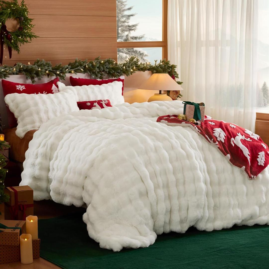 Bedsure Luxurious Faux Fur Duvet Cover King Size Set - Ultra Soft & Fluffy & Cozy & Warm - Elegant Shaggy Bubble Design Bedding with Duvet Cover and Pillow Shams, Coconut White (09 - Coconut White (No Comforter))