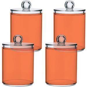 Coral Qtip Holder Organizer Dispenser Cotton Swabs Cans Plastic Jars with Lid Set 4 Pack Bathroom Storage Canister for Cotton Ball Floss Cotton Pads