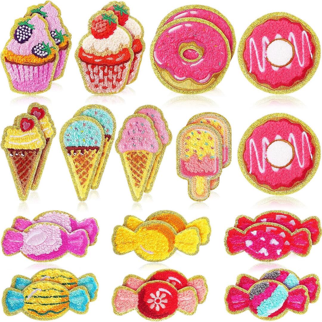 WILLBOND 28 Pieces Self Adhesive Chenille Patches Bulk Cupcake Candy Cream Chenille Patches for Women Clothes Jeans Backpacks Birthday Party Gifts(Classic Style)