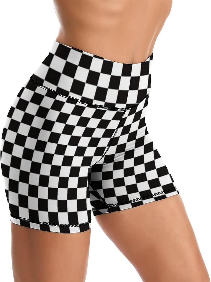 Yoga Shorts High Waisted Biker Shorts for Womens Athletic Running Workout (Medium, Checkered)