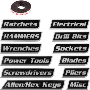 Magnetic Tool Box Labels, Durable Premium High Magnetic Toolbox Labels, 12/ Pack of Custom Premium Magnetics Toolbox Label for Tool Organization, for Mechanics, Diyers (Black, 12Pack)