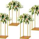 YALLOVE Gold Flower Stand Set of 4, 15.75 Inch Tall Metal Square Centerpieces for Wedding Reception Table Decoration, Plant Display Rack at Home, Geometric Flower Holder with Top and Bottom Plate