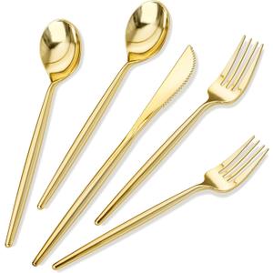 Rubtlamp 180Pcs Gold Plastic Silverware,Luxury Gold Plastic Cutlery,Heavy duty Golden Disposable Flatware, Utensils Set Disposable Include 60Gold Forks,60Gold Spoons,60Plastic Knives for Party,Wedding