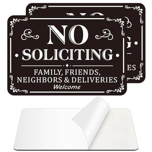 No Soliciting Sign for Front Door, (2 Pack) Self-adhesive No Soliciting Sign for House, 9 x 6 inches Aluminum Metal Signs for Yard (Black/White, Medium (6 x 4 inches))