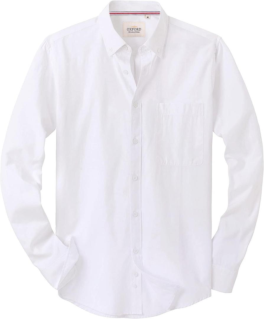 Alimens & Gentle Men's Solid Oxford Shirt Long Sleeve Dress Shirt Work Casual Button Down Shirts with Pocket (Large, White)