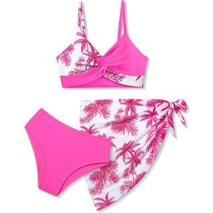 Girls Swimsuit, Bathing Suits 3 Piece Tropical Floral Twist Cross Bikini Sets Girls' Swimwear with Cover Up Skirt 7-16T (9-10, Pink Palm)
