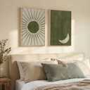 Framed Green Boho Wall Art Bedroom, Set of 2 Abstract Mid Century Modern Sun and Moon Canvas Artwork for Walls, Bohemian Paintings Prints Pictures Wall Decor Living Room Home Office, 16x24 Inch