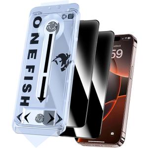 OneFish Screen Protector Privacy for iPhone 14 Pro Max/15 Plus, Anti Spy Private Tempered Glass Edge Protection, Dynamic Island Compatible with Installation Frame, 9H Glass Scratch Resistant, 2Pack