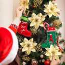 65pcs Gold Christmas Poinsettia Artificial 5.9", Glitter Berries with Stems, Clips for Christmas Tree Decoration, Wreath Ornaments for Xmas Wedding Party Decoration