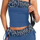 EHSUYAB 2000S Sexy 2 Piece Leopard Club Outfits, Ruched Tube Strapless Crop Top, Low Rise Booty Shorts Casual Going Out Rave (Blue-grey Blue Cheetah, M)