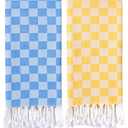 2 Packs Cotton Turkish Beach Towels Quick Dry Sand Free Oversized Pool Swim Plaid Towel Extra Large Xl Big Blanket Travel Essentials Cruise Accessories Must Haves Clearance Vacation Stuff Yellow Blue