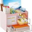 Marbrasse Desk Organizer with 3 Drawer, Multi-Functional Pencil Pen Holder for Desk, Desk Organizers and Accessories with 4 Compartments, Desktop Organizer Storage for Office Home Art Supplies (Pink)