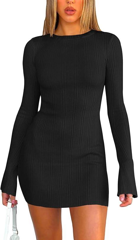 Women Long Sleeve Mini Dress Ribbed Boat Neck Bodycon Dress Club Party Tight Dress, Size S
