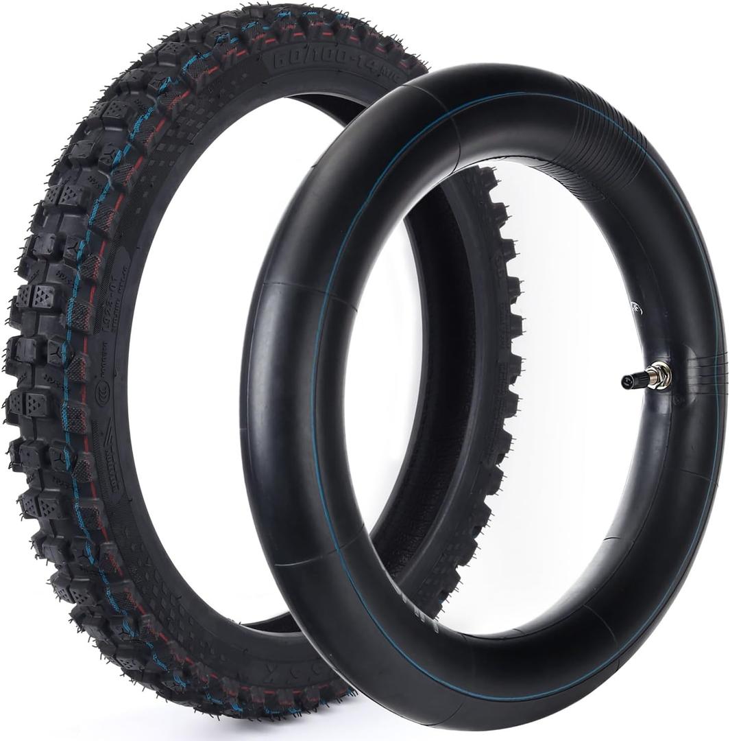 Wear-Resistant, Hyssk 60/100-14 (2.50-14) 6PR DOT-Certified, Heavy-Duty Dirt Bike Front Tire and Inner Tube, for CRF70/110, KLX110, 110cc & 125cc Off-Road Pit Bikes