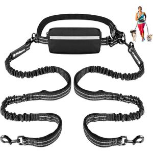 Philorn Hands Free Dog Leash for 2 Dogs, Adjustable Waist Leash for Medium Large Dogs Walking, Running, Jogging, Hiking, Dual Handles and Durable Bungee