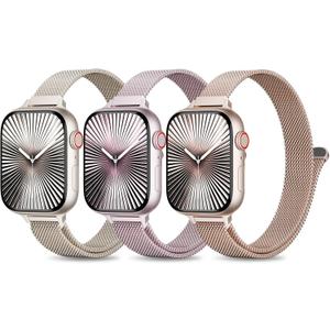 3 Pack Slim Metal Loop Compatible with Apple Watch Band 41mm 40mm 38mm 46mm 45mm 44mm 42mm 49mm Women Men, Thin Stainless Steel Magnetic Strap for iWatch Bands Series 10 9 8 SE 7 6 5 4 3 2 1 Ultra (Starlight/Pink/Rose Gold)