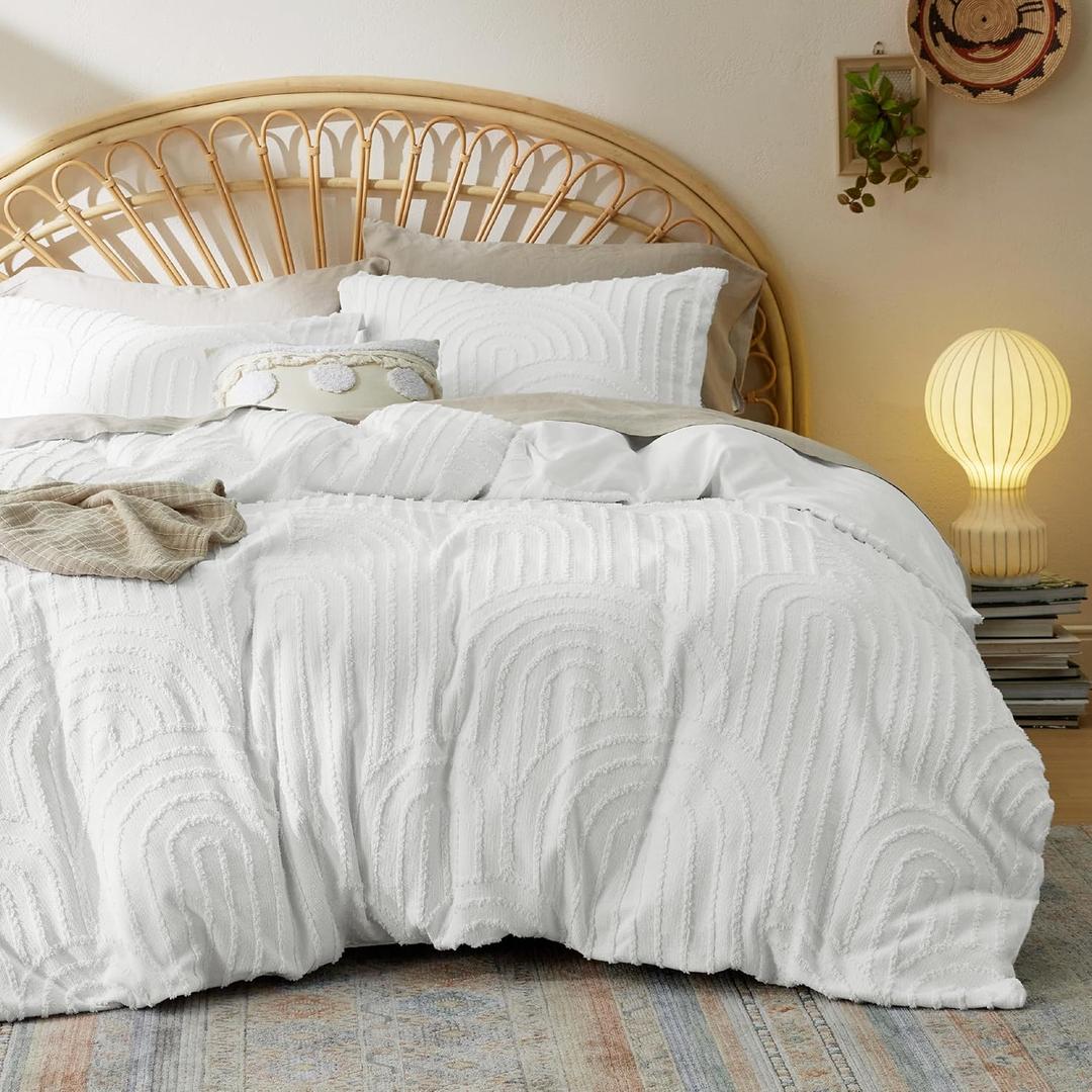 Bedsure Boho Duvet Cover King Size - Boho Bedding King Duvet Cover Set for All Seasons, Shabby Chic Jacquard Comforter Bedding (White,Abstract,104" x 90") (King (104" x 90"), 18 - White)