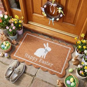 Dunzy Easter Doormat Happy Easter White Bunny Coir Door Mat Outdoor Natural Rabbit Welcome Non-Slip Front Mat Decorative Rugs Gifts for Indoor Home Farmhouse Entrance Porch Spring Party Decor