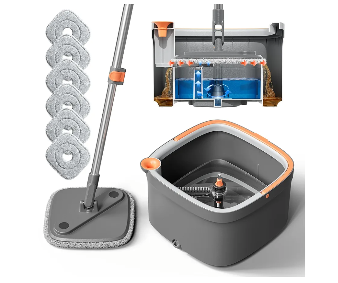 KZKR Spin Mop and Bucket Set with 6 Replaceable Microfiber Mop Pads with Self Separation Dirty and Clean Water System, Self Wringing 360° Rotating Square Mop Head for Hardwood Tile Marble Floors