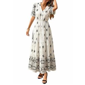 PRETTYGARDEN Womens Summer Boho Maxi Dress 2026 Trendy Short Sleeve V Neck Flowy Beach Floral Dresses with Pockets (White Black Flower,X-Large)