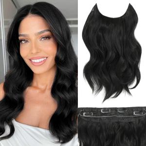 Halo Hair Extensions 16 Inch Invisible Wire Hair Extensions Adjustable Long Wavy Hairpiece Synthetic Upgrade 4 Secure Clips in Hairpieces 16 Inch, Black