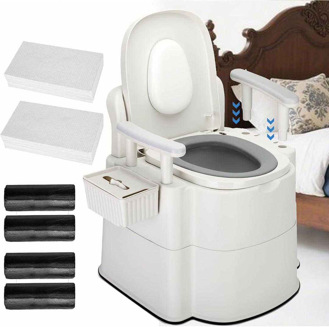 Bedside Commodes for Seniors(520 Lbs)-Bedside Potty Chairs for Adults Silent Close100 Garbage Bags, 100 Super Absorbent Commode Pads, Detachable Handles, Anti-Slip Base