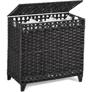Laundry Hamper with 3 Removable Liner Bags; 132L Handwoven Rattan Laundry Basket with Lid & Heightened Feet; Clothes Hamper with Side Handles; Laundry Sorter with 3 Separate Sections