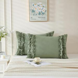 Herside Sage Green Pillowcase King Size 2 Pack,Ruffle Pillow Shams,20x36 inches Chic Boho Pillowcases,French Country Vintage Ruffled Cute Pillowcovers Set of 2 Soft Microfiber