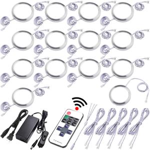 Under Cabinet Lighting Kit, Curio Display Case Lighting, Dimmable Wireless RF Remote Control, Linkable Wired LED Puck Lights, AC120V to DC12V, Hardwired or Wall Plug, Daylight, 14 Lights