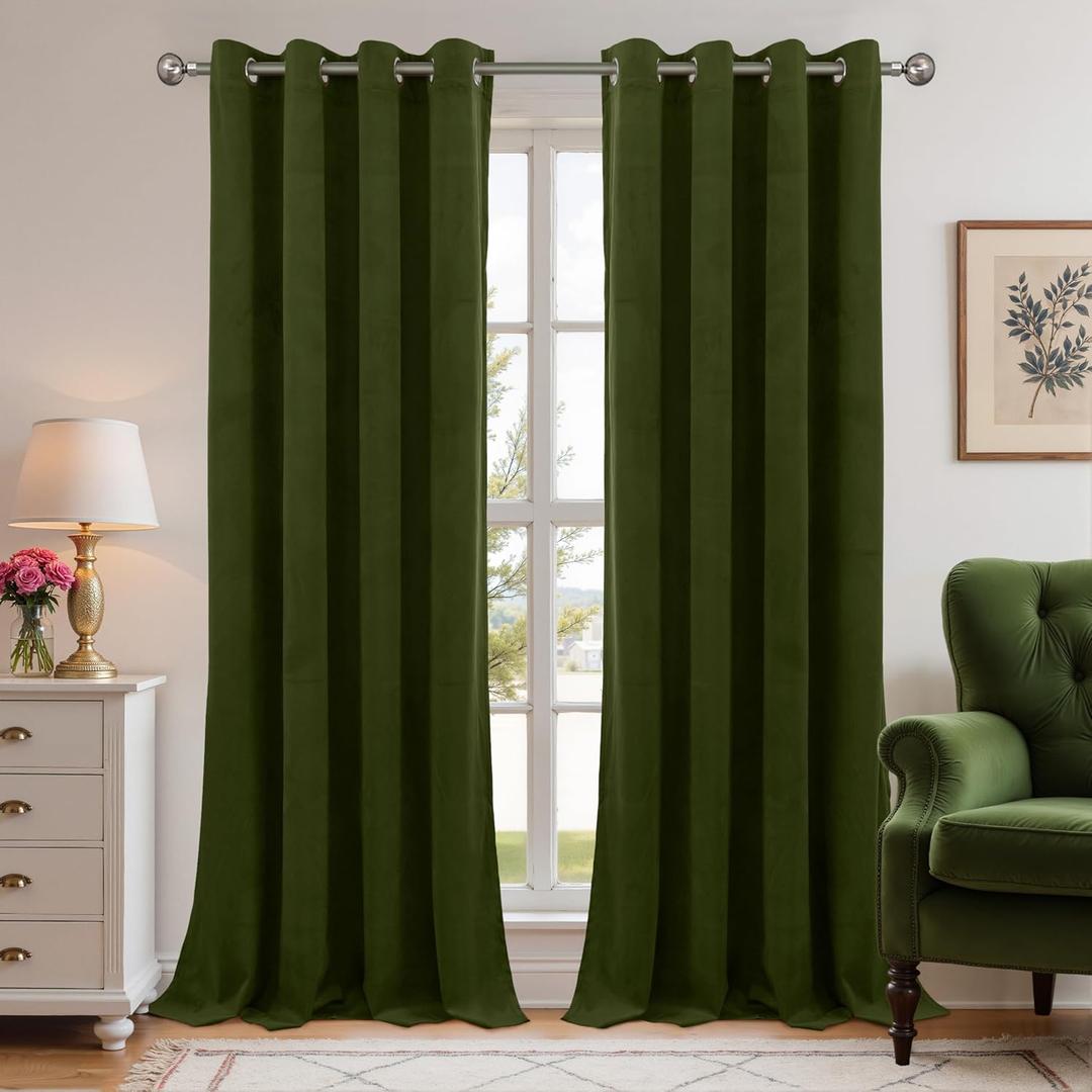 YoungsTex 96 Inches Long Velvet Blackout Curtains for Living Room 2 Panels, Grommet Thermal Insulated Drapes Privacy for Winter Bedroom, Olive Green, 52 X 96 Inch