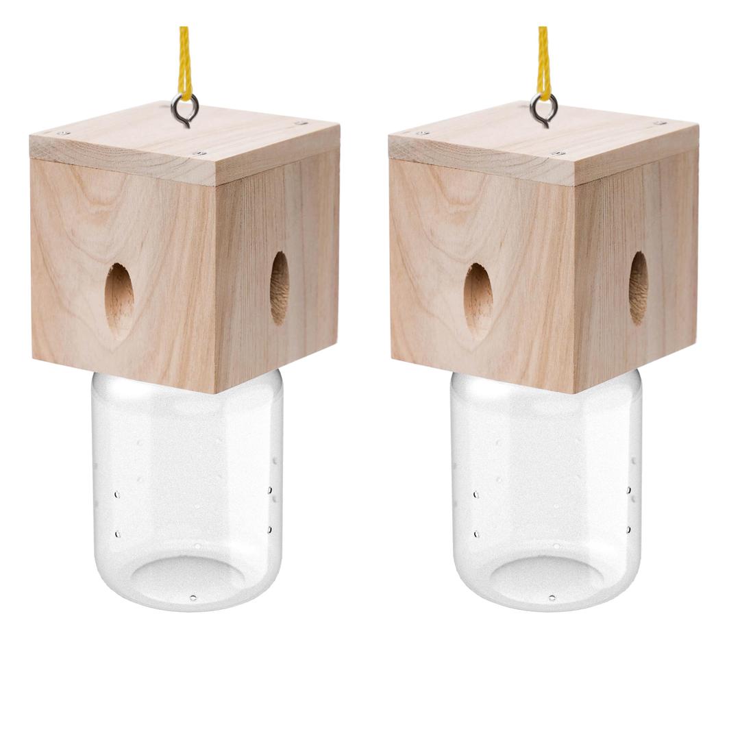 2 PCS Wood Carpenter Bee Trap for Outside - Best Bee Trap - Cube Style Nature Hanging Carpenter Bee Traps Plastic Jar Outdoor - Insect Traps
