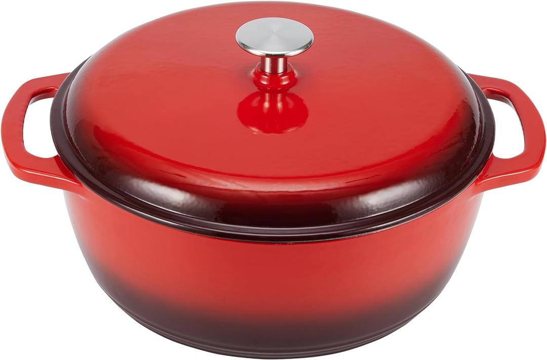 Amazon Basics Enameled Cast Iron Dutch Oven Pot with Lid, Round, Dual Handles, Heavy-Duty, Oven Safe for Stews, Roasting, Baking, 6-Quart, Red